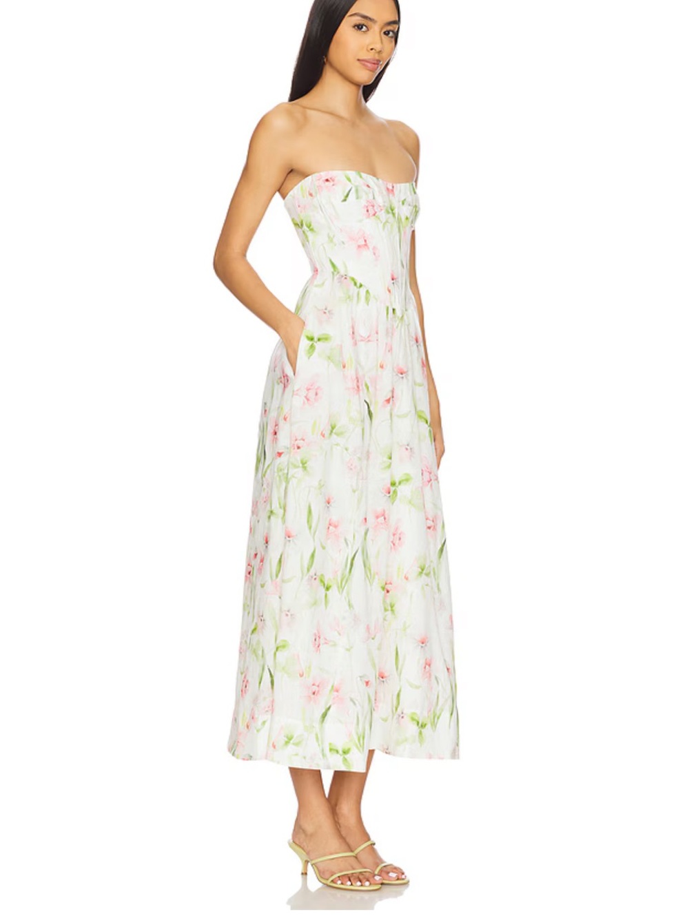 Bardot Lola Ivory Pink Green Floral Corset Strapless Midi Dress
